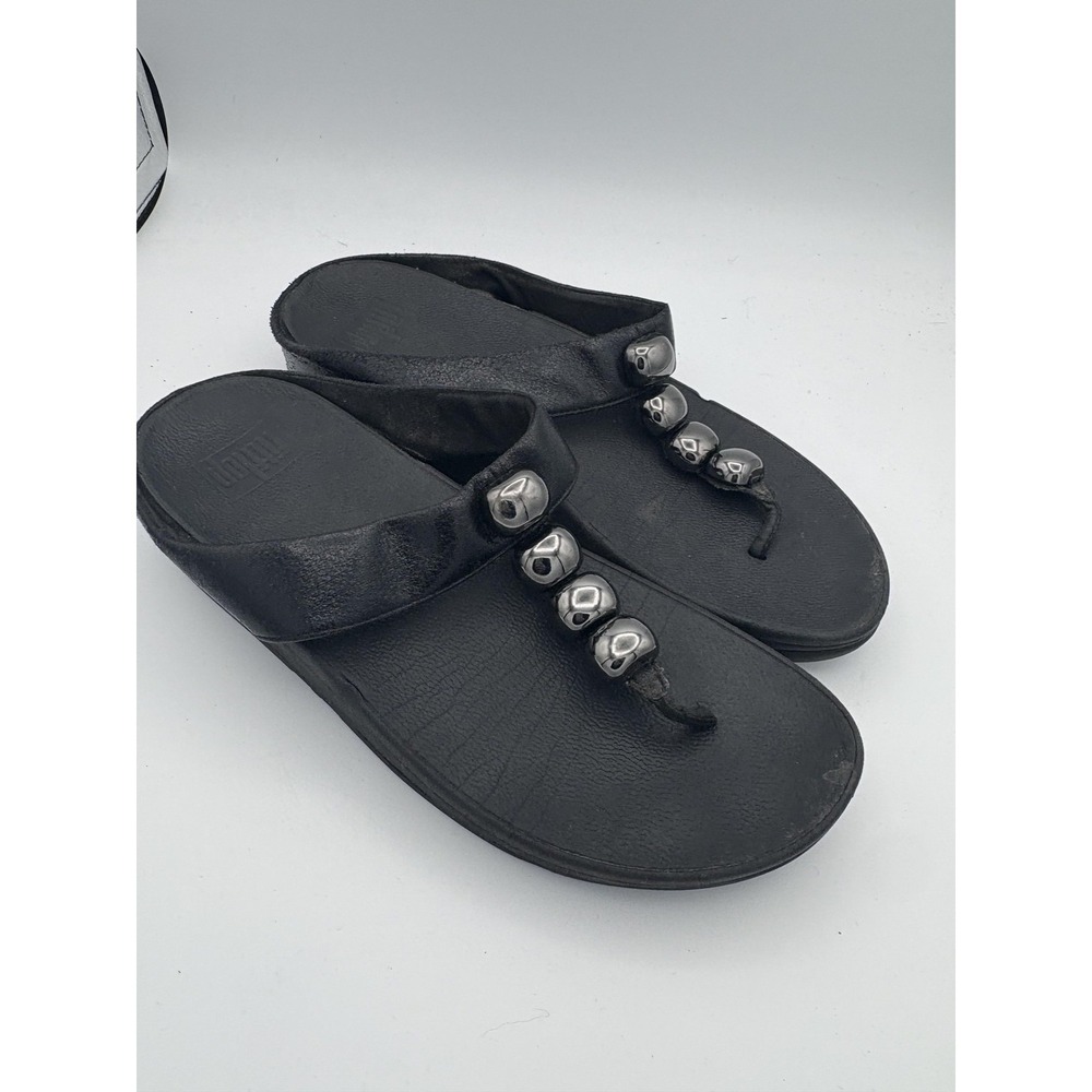 FitFlop Shoes Womens Size 9 Black Leather‎ Beaded Thong Wedge Sandals Comfort